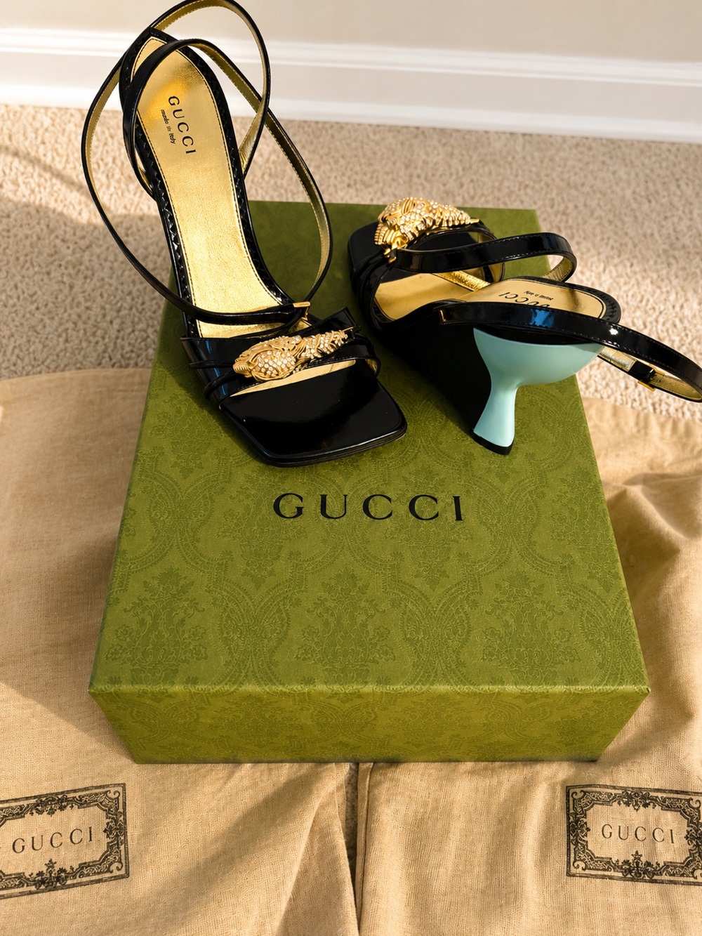 Gucci Black Patent Leather Snake-Embellished Wedge Heels